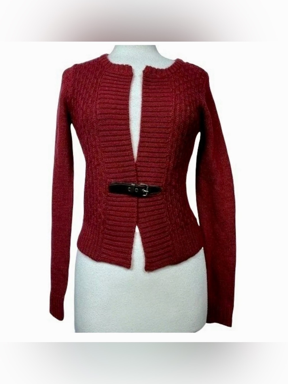 Max Studio Red Ribbed Knit Belted Cardigan